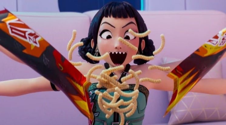 Zoey with a mouthful of noodles in KPop Demon Hunters