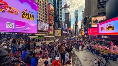 KPop Demon Hunters Shin Ramyun billboards in Times Square